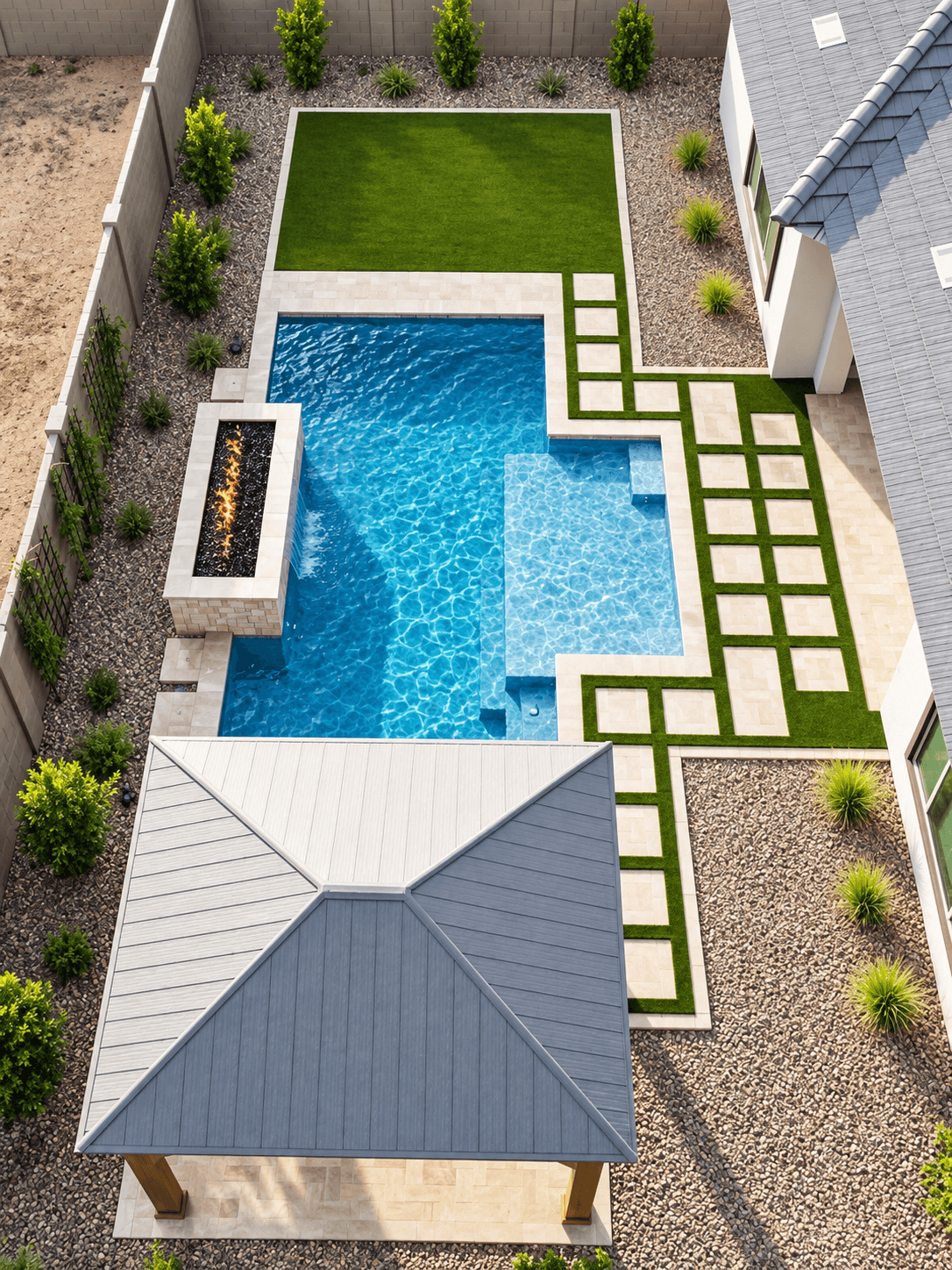 Aerial view of a complete backyard transformation