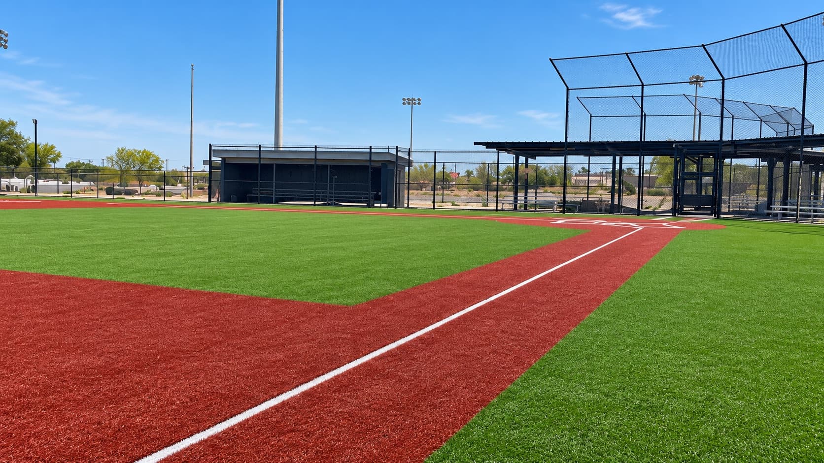 Turf baseball field with red base paths, backstop netting and dugout